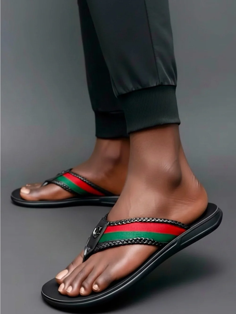 SHOES: Black Flip Flops, “G” Lettering w/Green & Red Straps, Unisex. NWOT